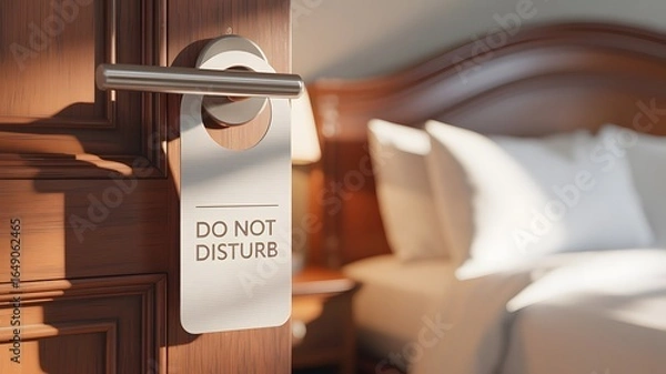 Fototapeta Hotel room door with a "Do Not Disturb" sign hanging on the handle, inviting relaxation