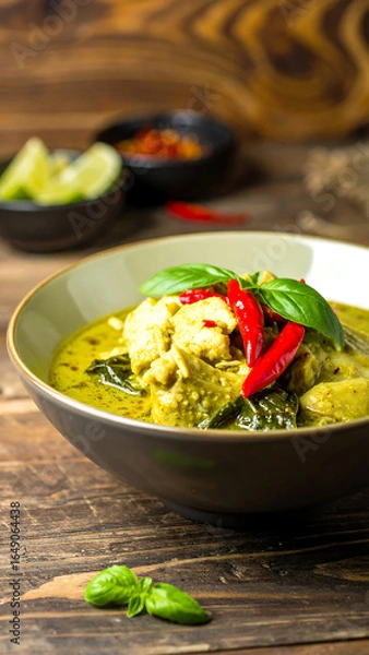 Fototapeta Thai Green Curry: An enticing shot of Thai green curry, aromatic basil leaves and fiery red chili peppers arranged in a deep bowl, exuding authentic culinary vibes and creating a sensory delight.