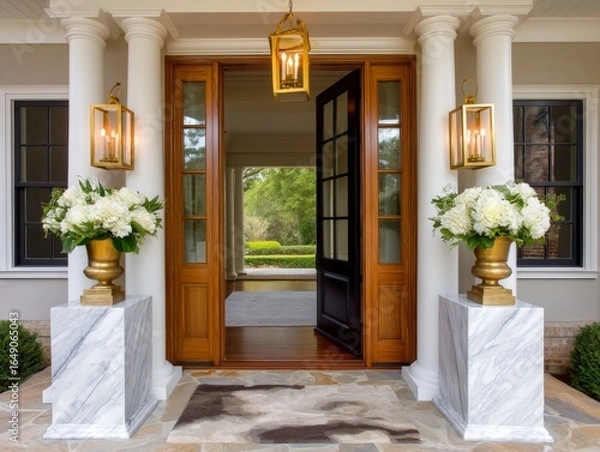 Obraz Elegant front entrance with lanterns and floral arrangements luxurious home architectural photography outdoor serenity welcoming viewpoint