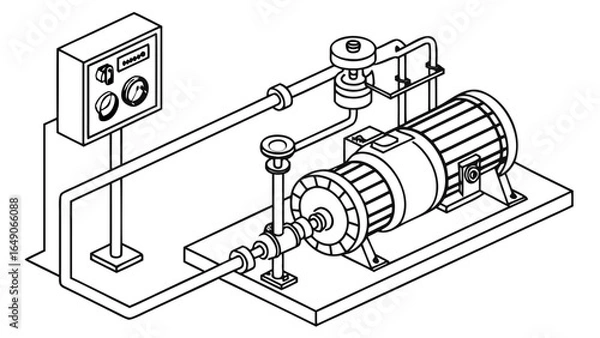 Fototapeta Isometric line drawing of a pump system with motor pipes and a control panel on a platform base