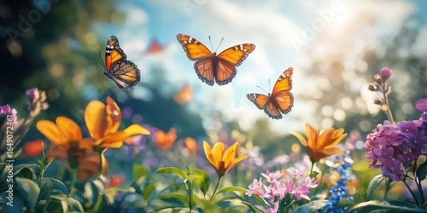 Fototapeta Lush spring garden with five flying butterflies in hyperreal color Stock photo