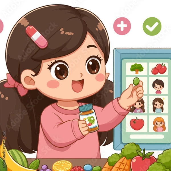 Obraz Nurturing Nutrition: A charming cartoon illustration depicts a young girl enthusiastically selecting a healthy snack from a tablet, while holding a vitamin bottle.