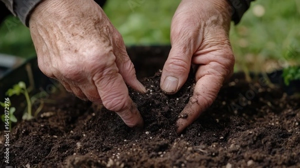 Fototapeta Elderly Hands Cultivating Soil: A Testament to Gardening and Nature's Cycle