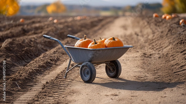 Obraz A wheelbarrow full of freshly harvested pumpkins in a rural farm field