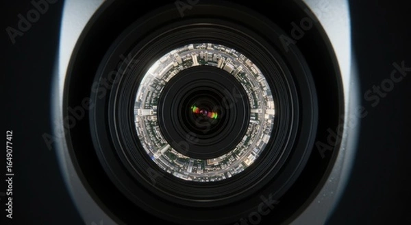 Fototapeta A detailed view through a camera lens captures a circular city landscape