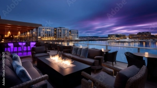 Obraz Evening gathering with fire pit waterfront lounge modern architecture serene atmosphere outdoor view relaxation concept