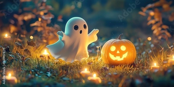 Fototapeta Playful ghost rolling a pumpkin across candlelit grass, Holly Gennerman sweet style Stock photo