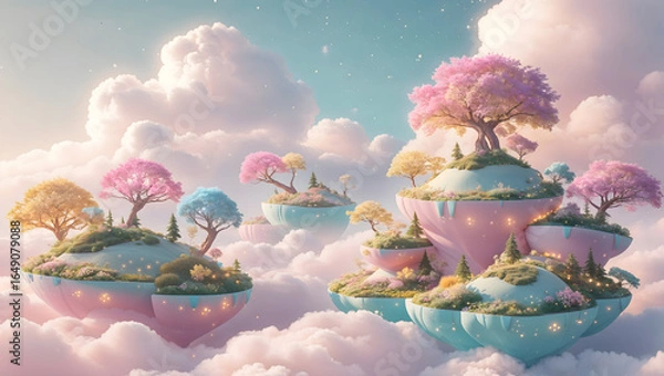 Fototapeta Floating islands with colorful trees and fluffy clouds create a dreamy and whimsical landscape