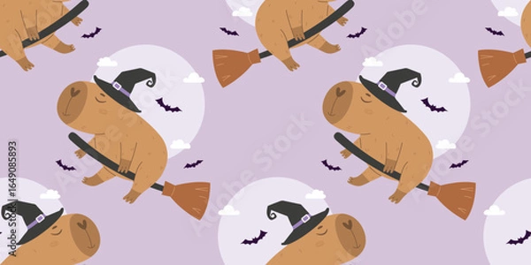 Fototapeta Pattern with funny witch capybara flying on broom