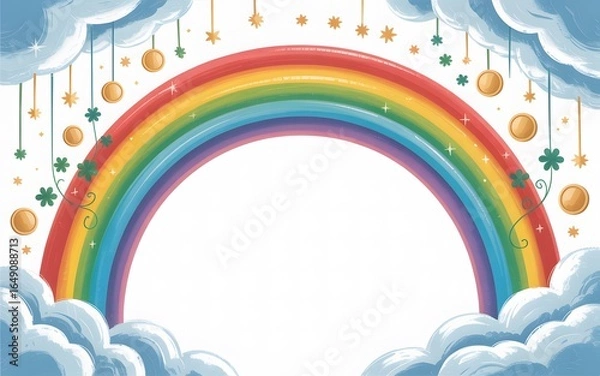 Fototapeta Whimsical Rainbow with Clouds, Shamrocks, and Gold Coins for St Patricks Day