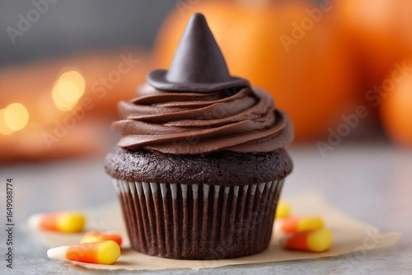 Fototapeta Chocolate cupcake topped with swirled frosting and a chocolate witch hat, surrounded by candy corn and pumpkins, creating a festive autumn dessert atmosphere
