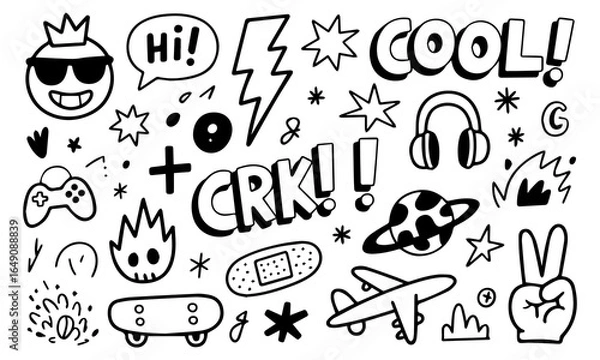 Fototapeta Hand-drawn doodle vector set with cool icons like skulls, smiley faces, lightning bolts, game controller, and more. Perfect for t-shirts, stickers, and streetwear graphics. 