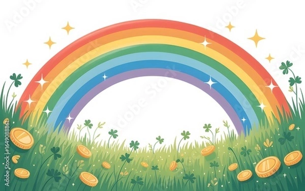 Fototapeta Colorful Rainbow, Sparkling Stars, and Golden Coins in a Green Field