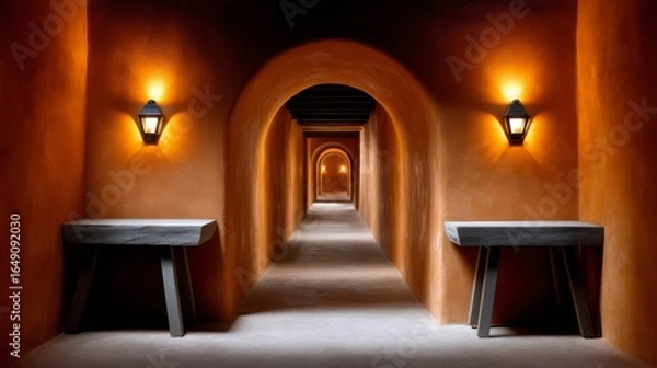 Fototapeta Exploring an atmospheric corridor with warm lanterns historic building photography calm environment perspective serenity
