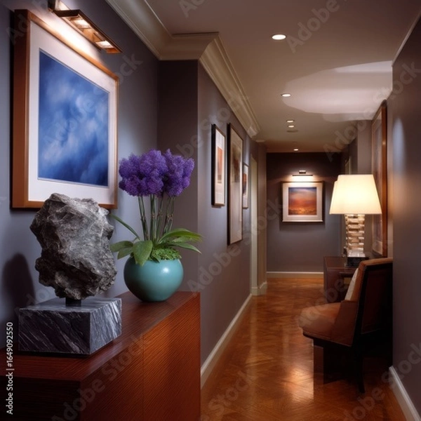 Fototapeta Artistic corridor displaying modern artwork in a gallery inviting ambiance interior design perspective