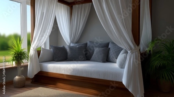 Fototapeta Relaxing canopy daybed in bright indoor space cozy home decor modern design inviting atmosphere elegant view