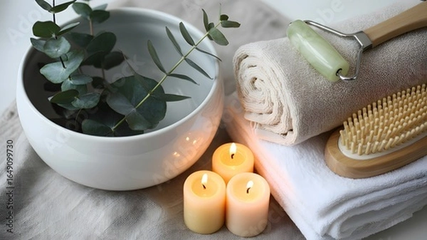 Fototapeta Serene Spa Still Life: Eucalyptus, Candles, and Rolled Towels in Soft Light