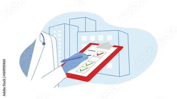 Fototapeta Doctor filling out a medical checklist on a clipboard in front of city buildings in the background