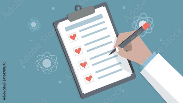 Fototapeta Doctor hand writing on clipboard with heart checkmarks and atom icons on a blue background illustration