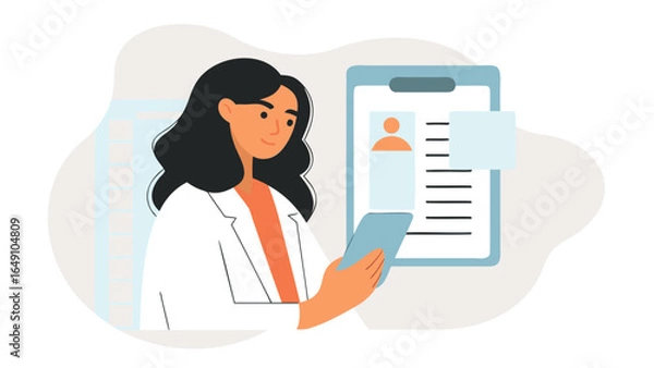 Fototapeta A doctor in a white coat is using a tablet while standing next to a patient information chart in a clinic