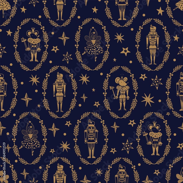 Obraz Christmas gold vector Nutcracker seamless  pattern.  Can be used for wallpaper, pattern fills, web page background, surface textures.