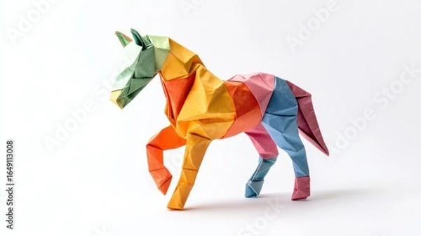 Fototapeta A multicolored origami horse, standing, crafted from folded paper, in a vibrant display against a white backdrop