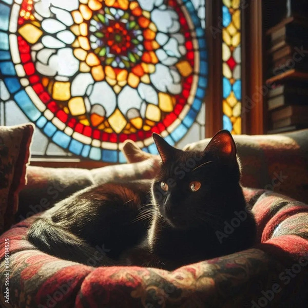 Fototapeta A black cat with faint bat-wing markings resting in a velvet-lined coffin pet bed, an IV bag of 'Blood Type Tuna' dripping beside it. Gothic cathedral windows cast stained-glass shadows across its fra