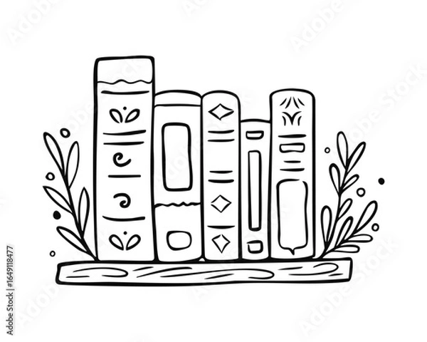 Fototapeta Bookshelf with different book spines. Books in a row. Vector illustration in doodle style. Isolated on white background
