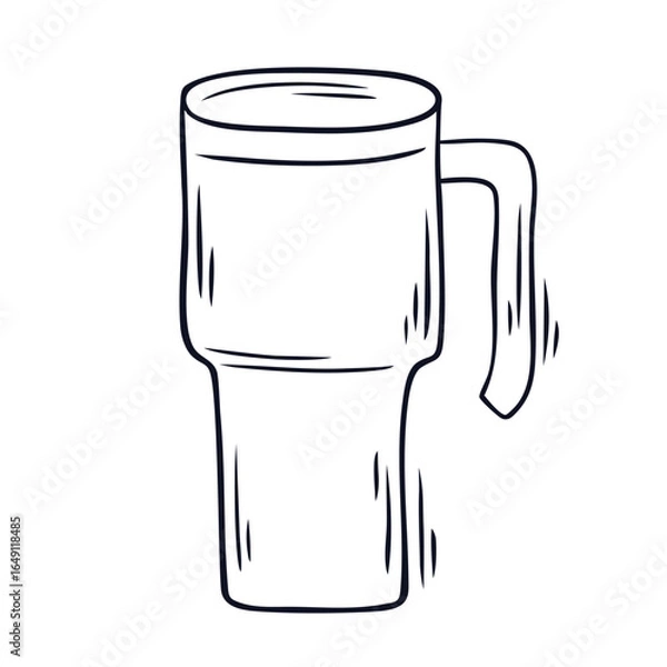 Fototapeta Thermos mug, reusable cup. Travel cup for coffee or tea, hot drinks with handle and lid, isolated thermos mug for takeaway drinks. Vector illustration in doodle style