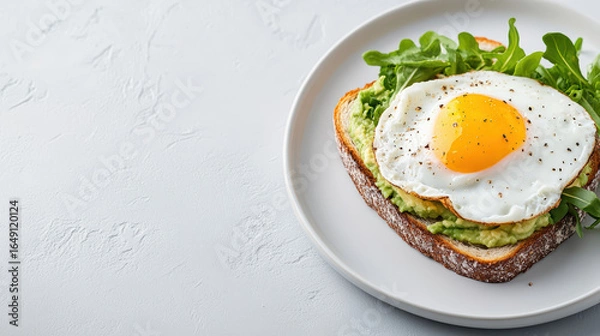 Fototapeta Creamy avocado toast topped with perfectly poached egg, garnished with fresh greens