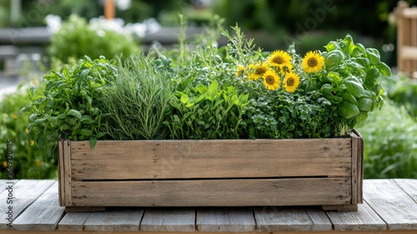 Fototapeta Freshly picked organic herbs and vibrant flowers in wooden planter evoke sense of tranquility