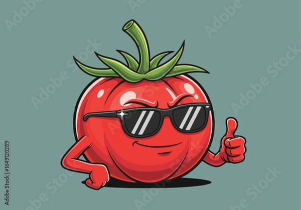 Obraz Cartoon tomato character wearing sunglasses, giving a thumbs up, and looking confident.