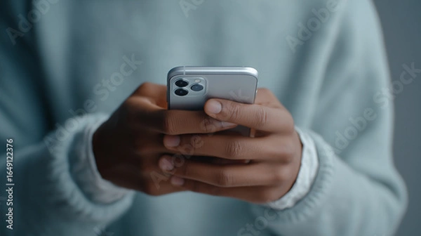 Fototapeta Close-up of hands holding a smartphone while wearing a soft sweater, texting or browsing.
