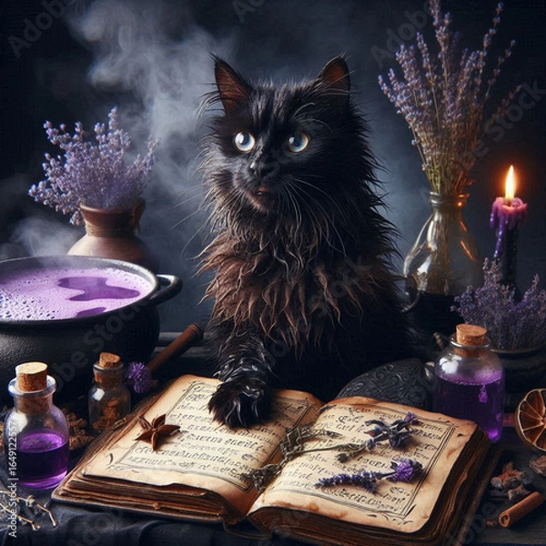 Fototapeta A black cat with matted fur panting in a witch's apothecary, surrounded by bubbling violet potions and dried herbs. Its paw rests on a spellbook open to a 'Healing Incantations' page, cauldron steam o