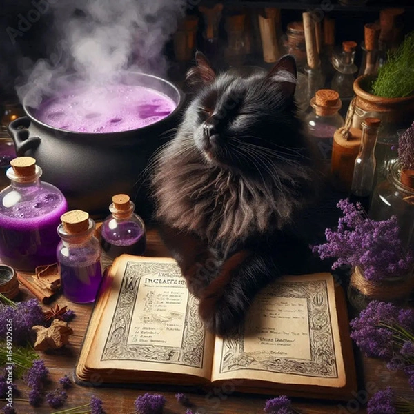 Fototapeta A black cat with matted fur panting in a witch's apothecary, surrounded by bubbling violet potions and dried herbs. Its paw rests on a spellbook open to a 'Healing Incantations' page, cauldron steam o
