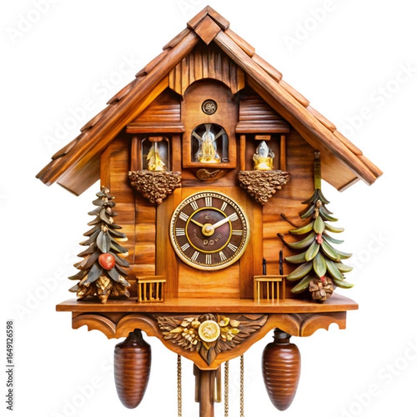 Obraz Photo of traditional german black forest cuckoo clock with ornate wood carvings, isolated on transparent background