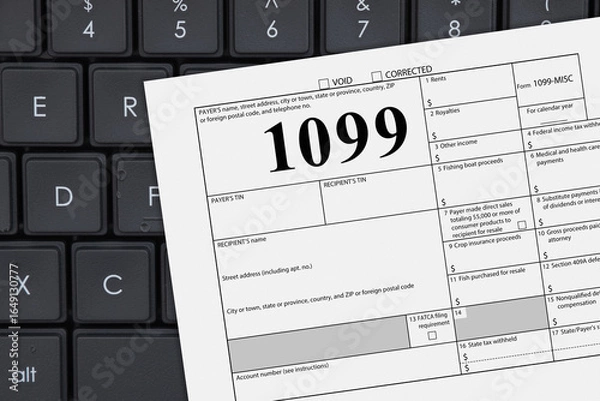 Fototapeta Federal tax 1099 form with a computer keyboard