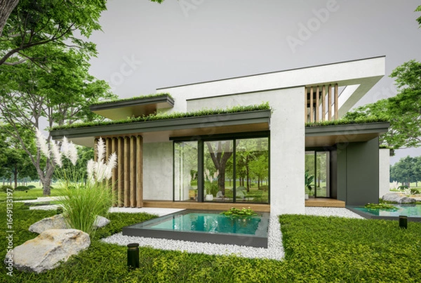 Fototapeta 3d rendering of two-story house with parking and pool for sale or rent with concrete facade and beautiful landscaping. Cloudy white sky overcast, soft shadows