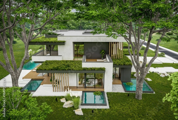 Fototapeta 3d rendering of two-story house with parking and pool for sale or rent with concrete facade and beautiful landscaping. Cloudy white sky overcast, soft shadows