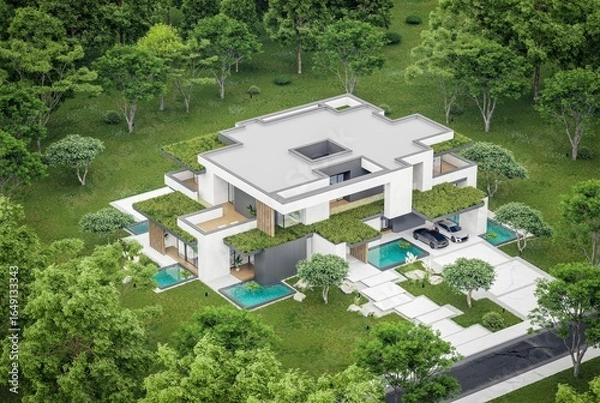 Fototapeta 3d rendering of two-story house with parking and pool for sale or rent with concrete facade and beautiful landscaping. Cloudy white sky overcast, soft shadows
