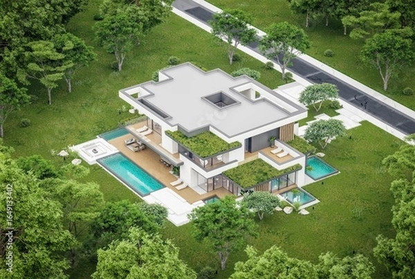 Fototapeta 3d rendering of two-story house with parking and pool for sale or rent with concrete facade and beautiful landscaping. Cloudy white sky overcast, soft shadows
