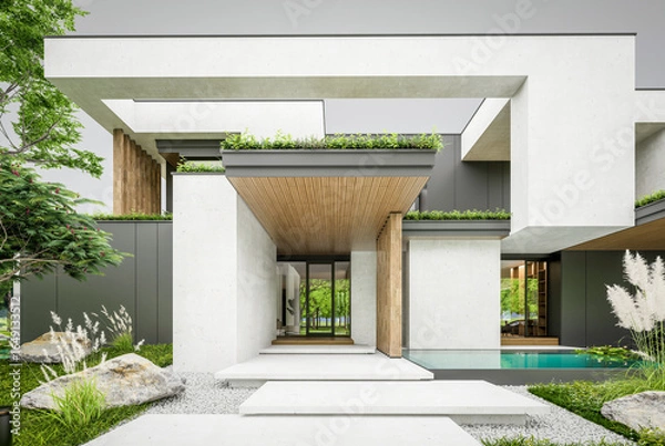 Fototapeta 3d rendering of two-story house with parking and pool for sale or rent with concrete facade and beautiful landscaping. Cloudy white sky overcast, soft shadows