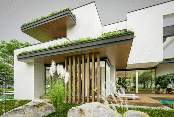 Fototapeta 3d rendering of two-story house with parking and pool for sale or rent with concrete facade and beautiful landscaping. Cloudy white sky overcast, soft shadows