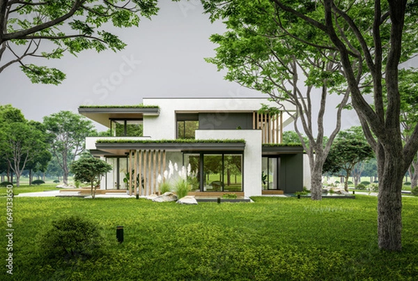 Fototapeta 3d rendering of two-story house with parking and pool for sale or rent with concrete facade and beautiful landscaping. Cloudy white sky overcast, soft shadows