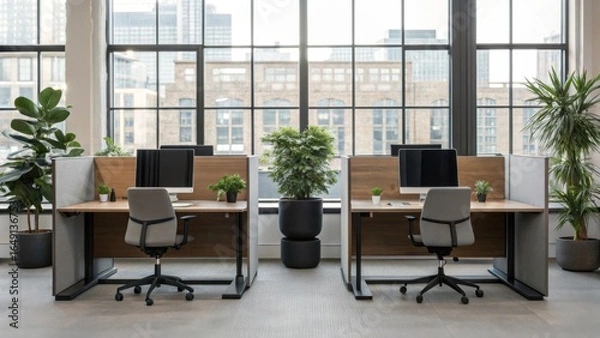 Fototapeta A modern office space featuring two workstations, each with plants and computer screens, designed for a comfortable and productive work environment.