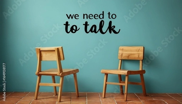 Fototapeta a poignant scene depicts two small wooden chairs facing each other against a teal wall displaying the phrase "we need to talk", suggesting a difficult conversation or confrontation.