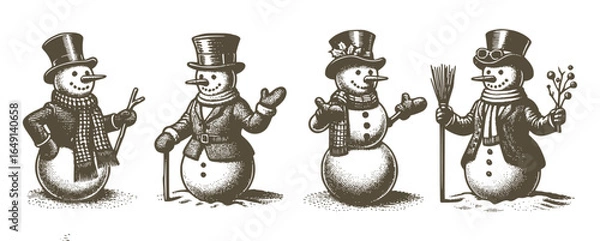 Fototapeta Winter Snowman Vintage Sketch Set Engraving Engraver Retro Vector Print For Christmas Greeting Card Poster Invitation 