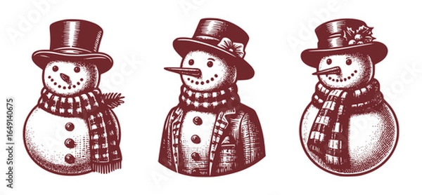 Fototapeta Winter Snowman Vintage Sketch Set Engraving Engraver Retro Vector Print For Christmas Greeting Card Poster Invitation 