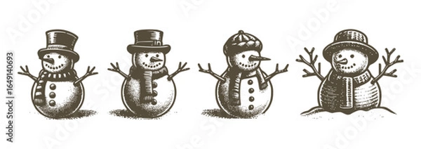 Fototapeta Winter Snowman Vintage Sketch Set Engraving Engraver Retro Vector Print For Christmas Greeting Card Poster Invitation 