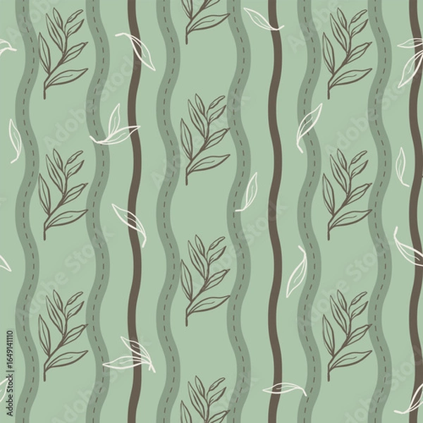 Fototapeta Seamless floral line art pattern with pastel tones. Elegant leaves and flowers in vertical waves, perfect for home decor, wallpaper, fabric, wrapping, and stylish decoration projects.